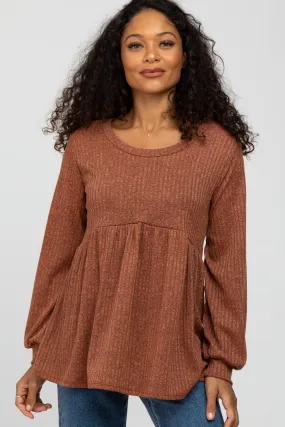 Rust Textured Knit Babydoll Long Sleeve Top