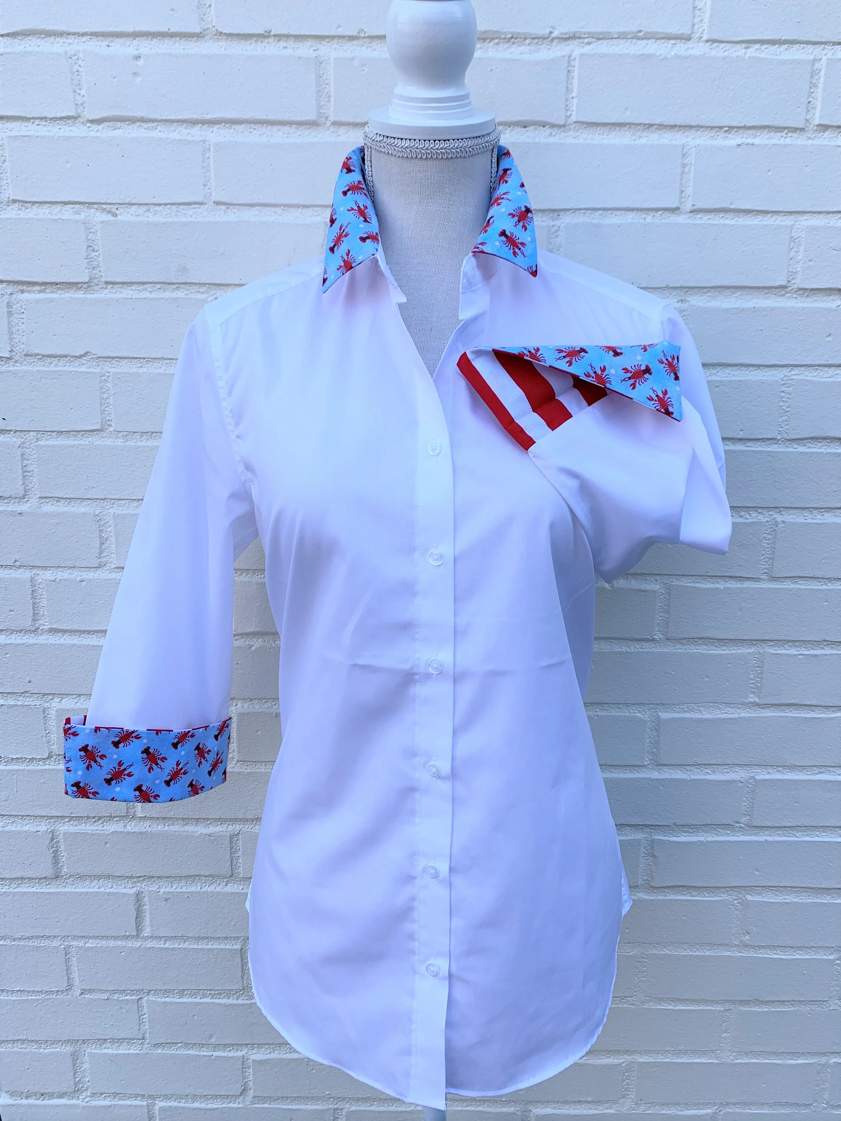 SALE - XS & S ONLY - Elizabeth 3/4 Sleeve White w Lobsters & Stripes (3420) *FINAL SALE*