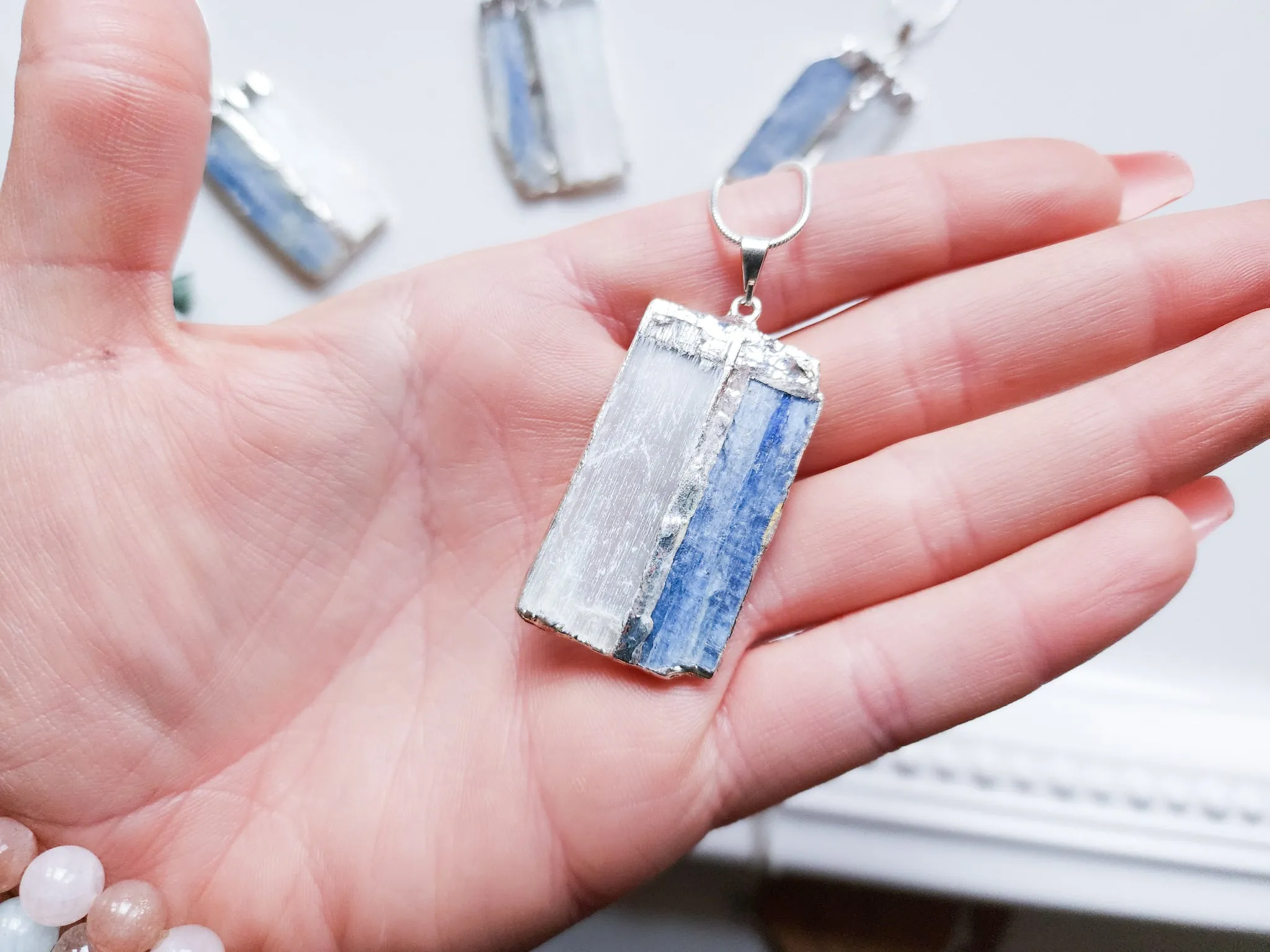 Selenite & Kyanite Yin Yang Silver Dipped Pendant Necklace