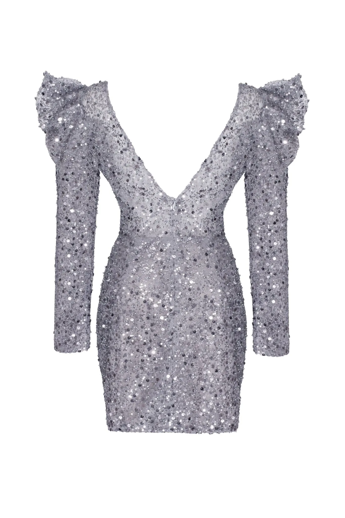 Silver metallic long-sleeve sequined mini dress