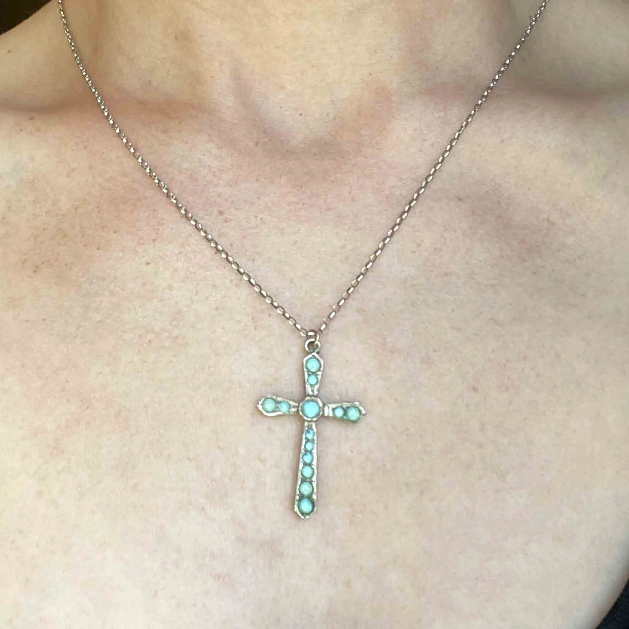 Silver Turquoise Cabochon Cross Pendant Necklace