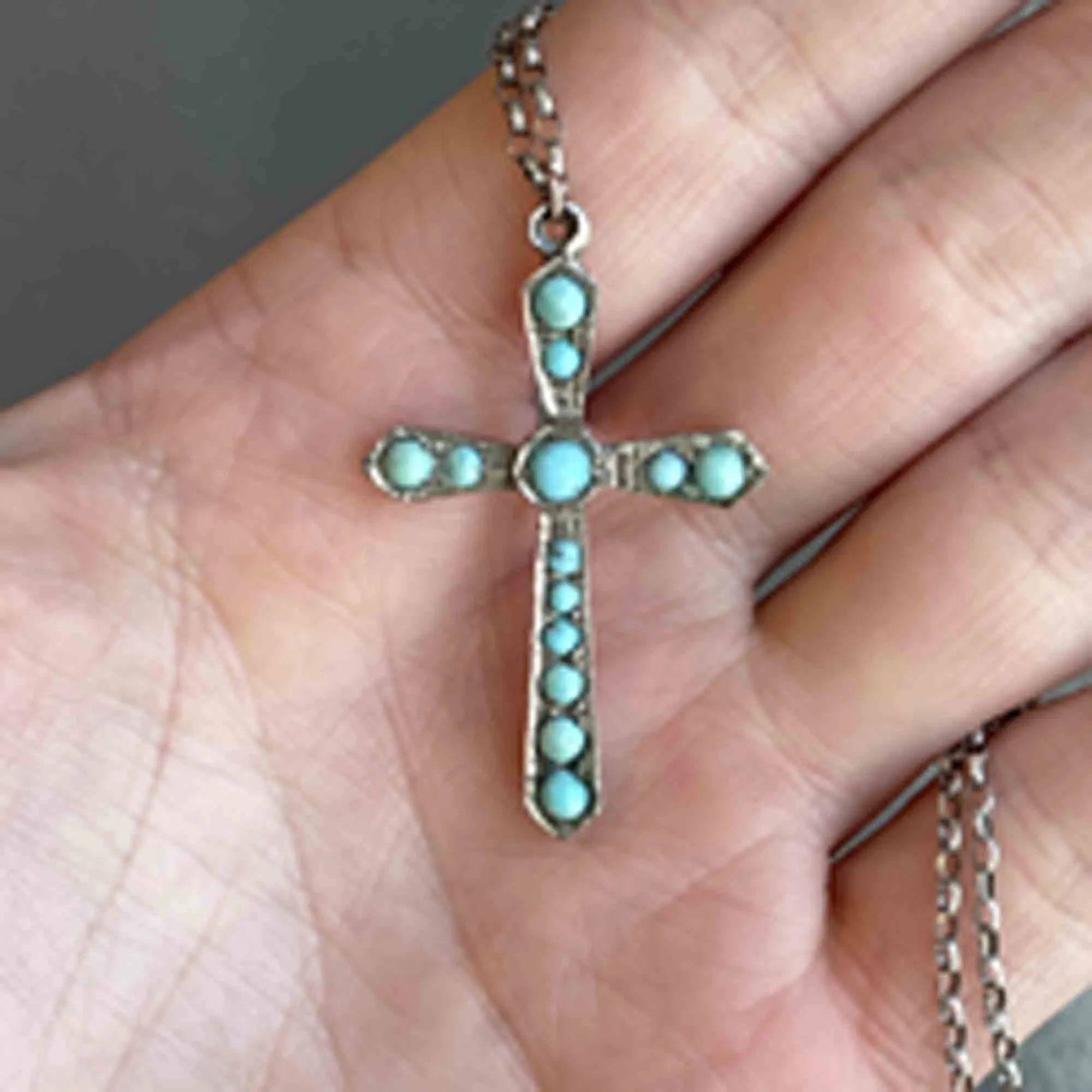 Silver Turquoise Cabochon Cross Pendant Necklace