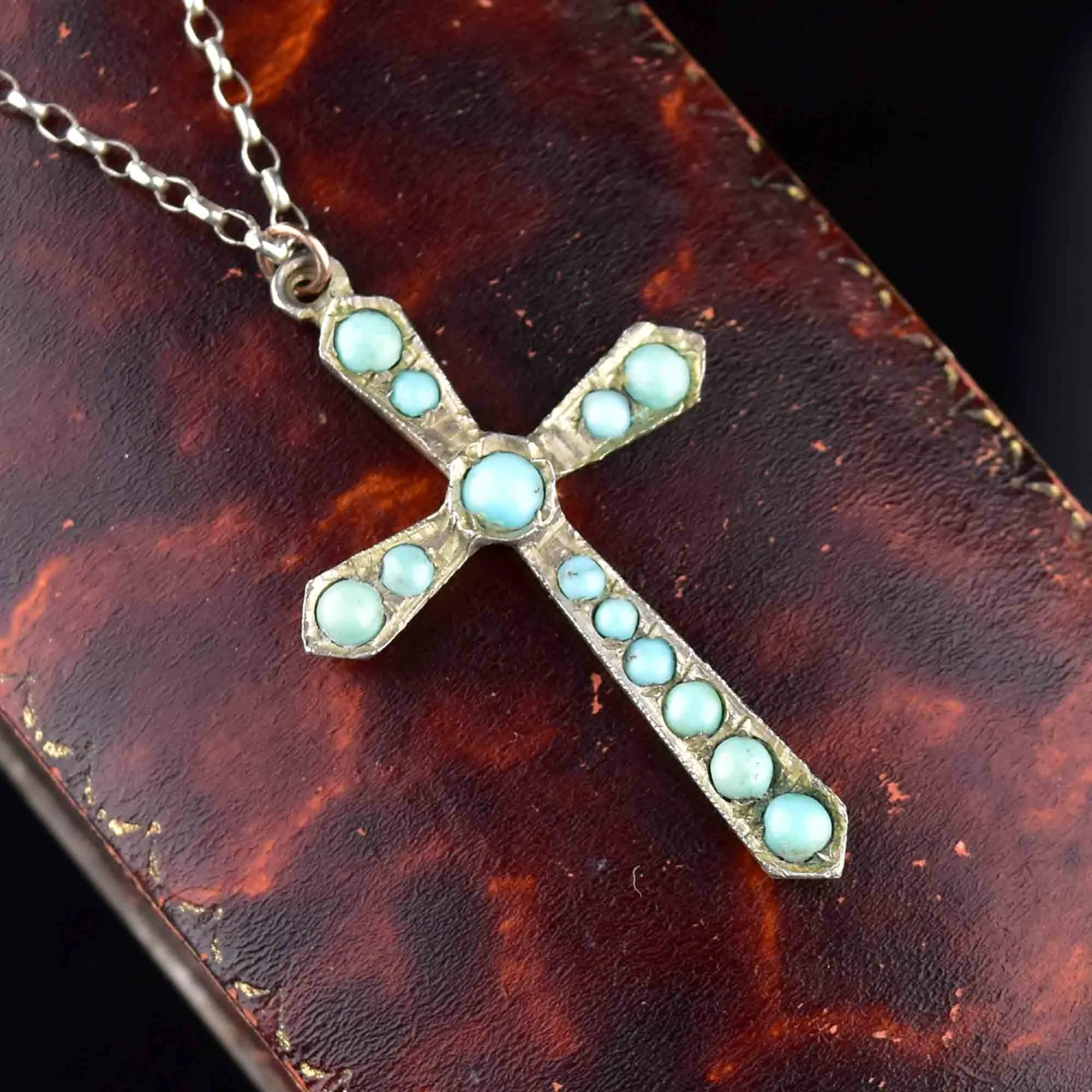 Silver Turquoise Cabochon Cross Pendant Necklace