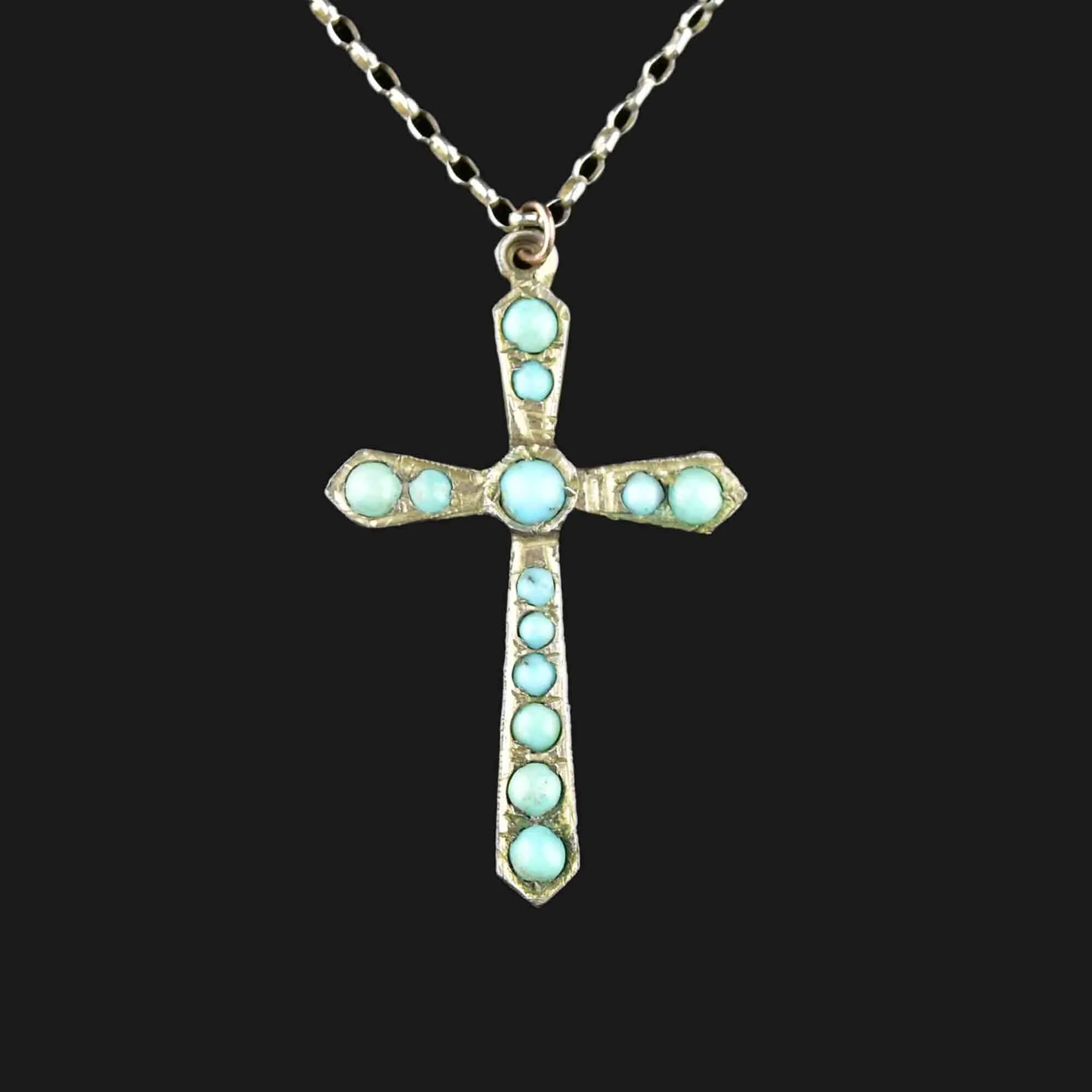 Silver Turquoise Cabochon Cross Pendant Necklace