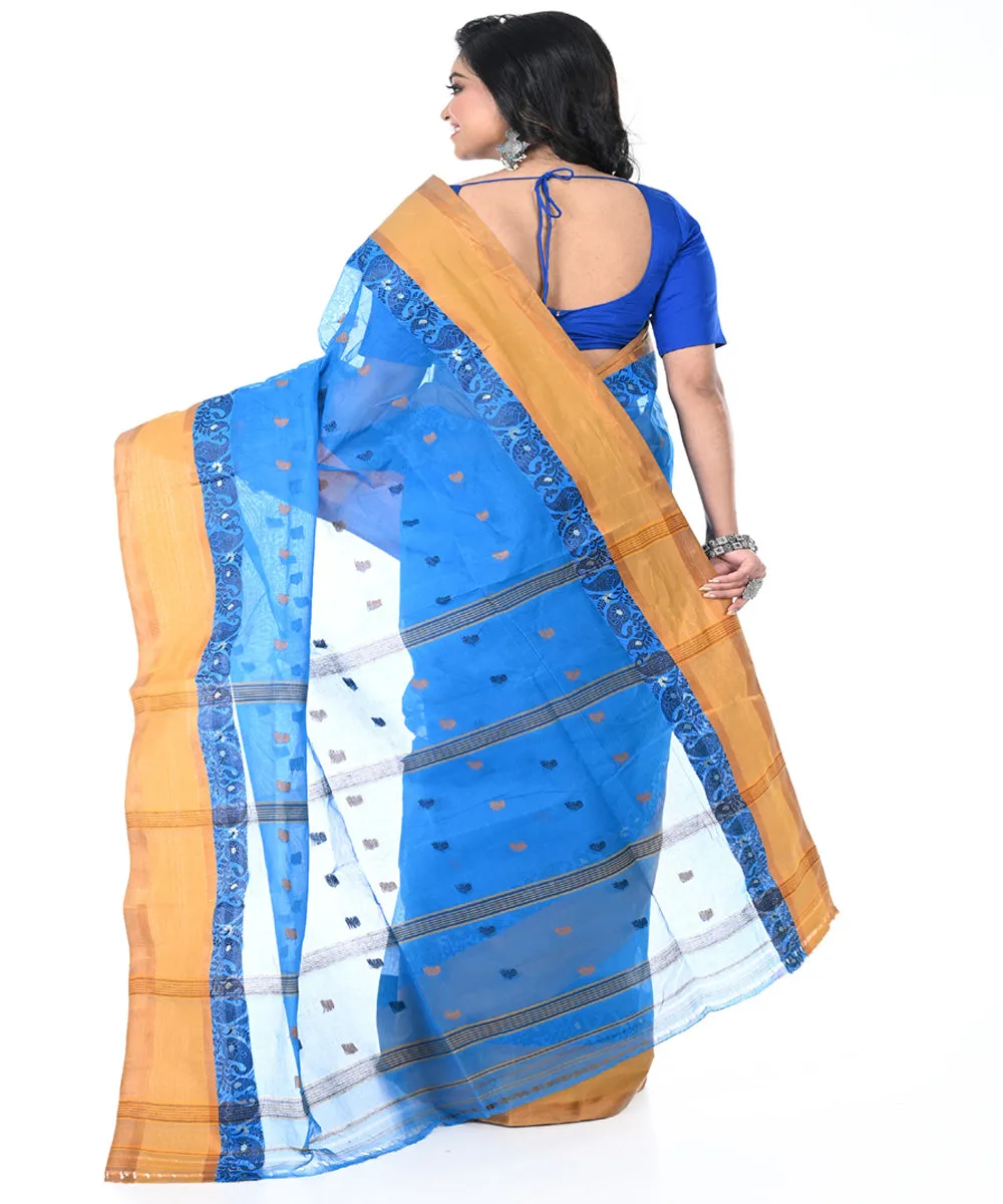 Sky blue brown handwoven cotton tangail saree