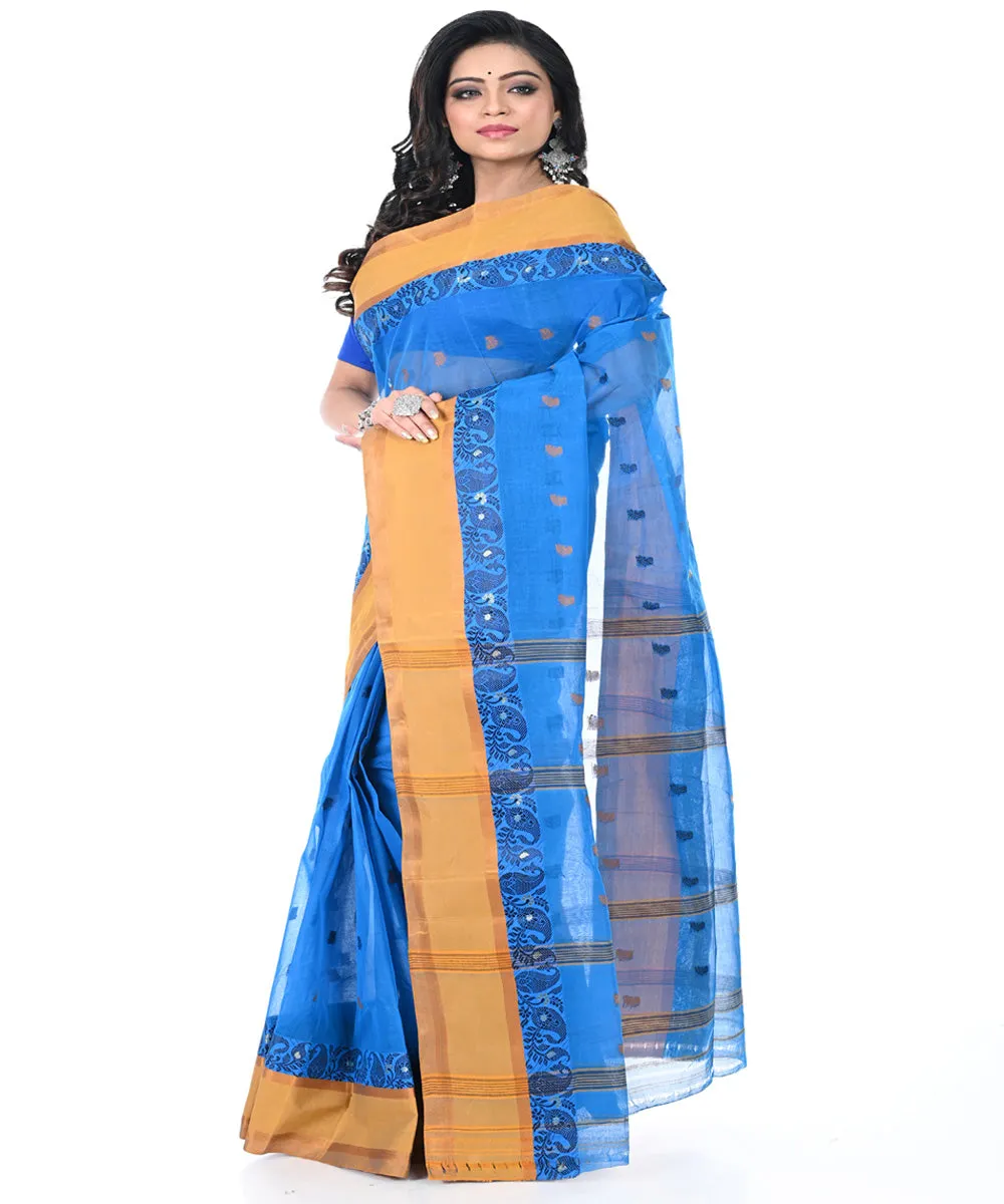 Sky blue brown handwoven cotton tangail saree