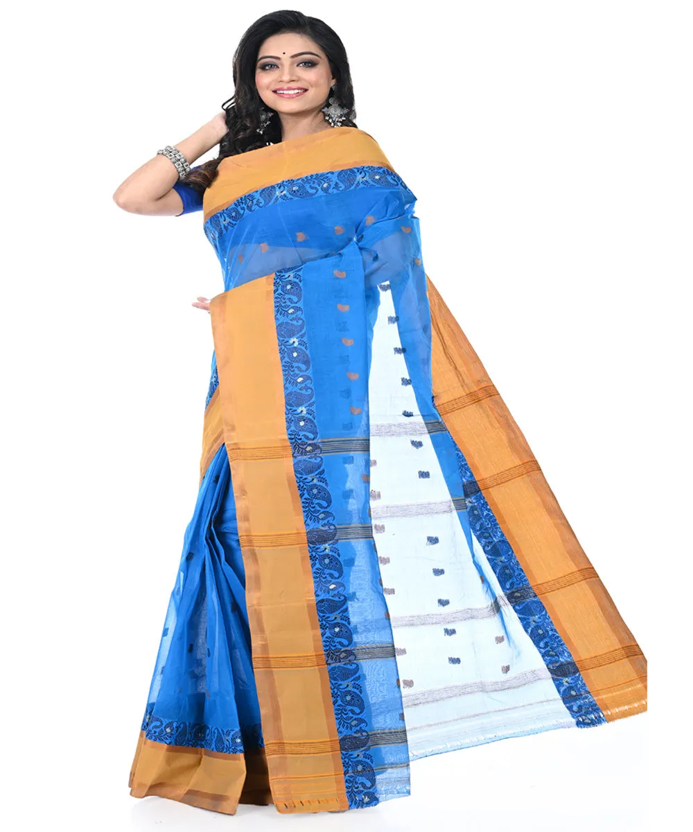 Sky blue brown handwoven cotton tangail saree