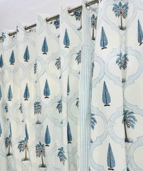 Sky blue hand sanganeri printed cotton door curtain set of 2