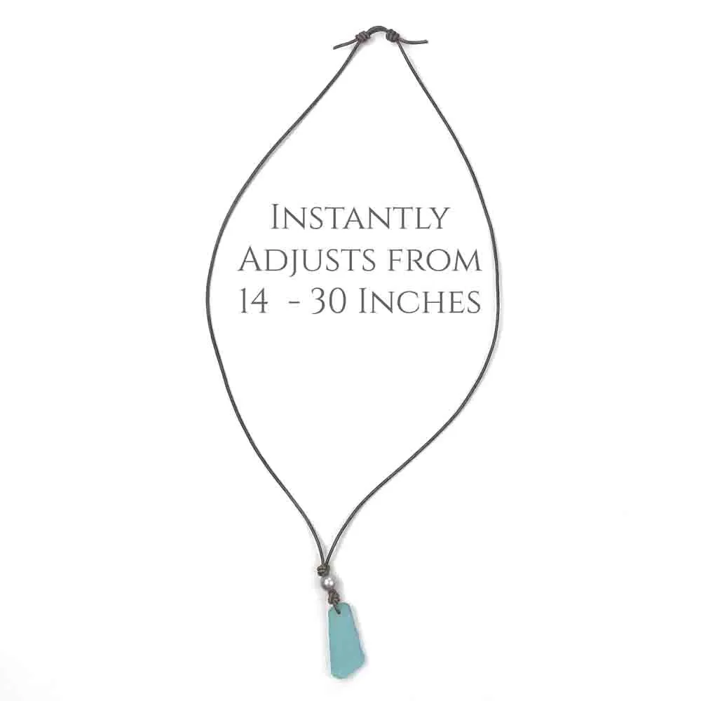 Sky-Blue Striped Sea Shard Pottery Leather Necklace | #5091