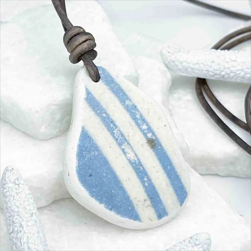 Sky-Blue Striped Sea Shard Pottery Leather Necklace | #5091