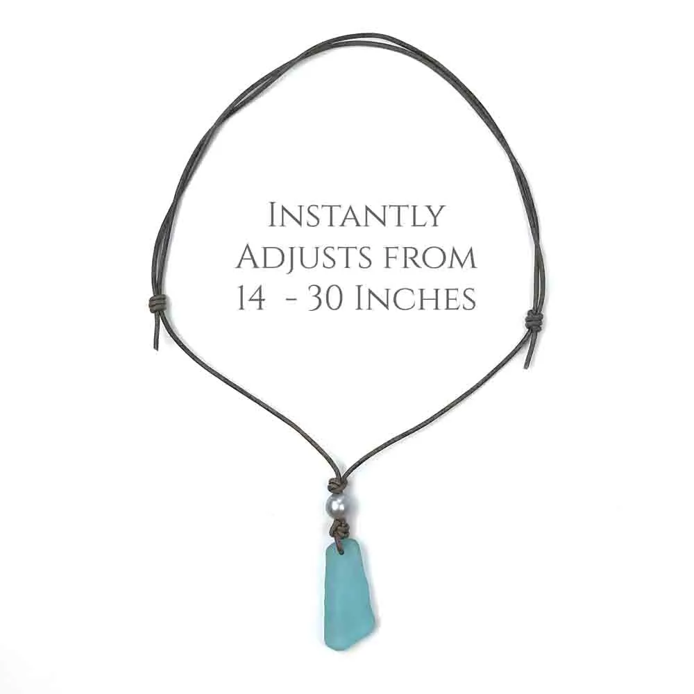 Sky-Blue Striped Sea Shard Pottery Leather Necklace | #5091