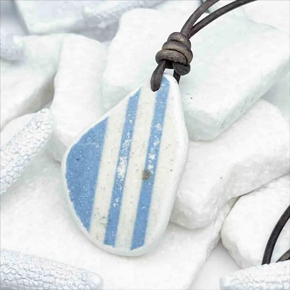 Sky-Blue Striped Sea Shard Pottery Leather Necklace | #5091