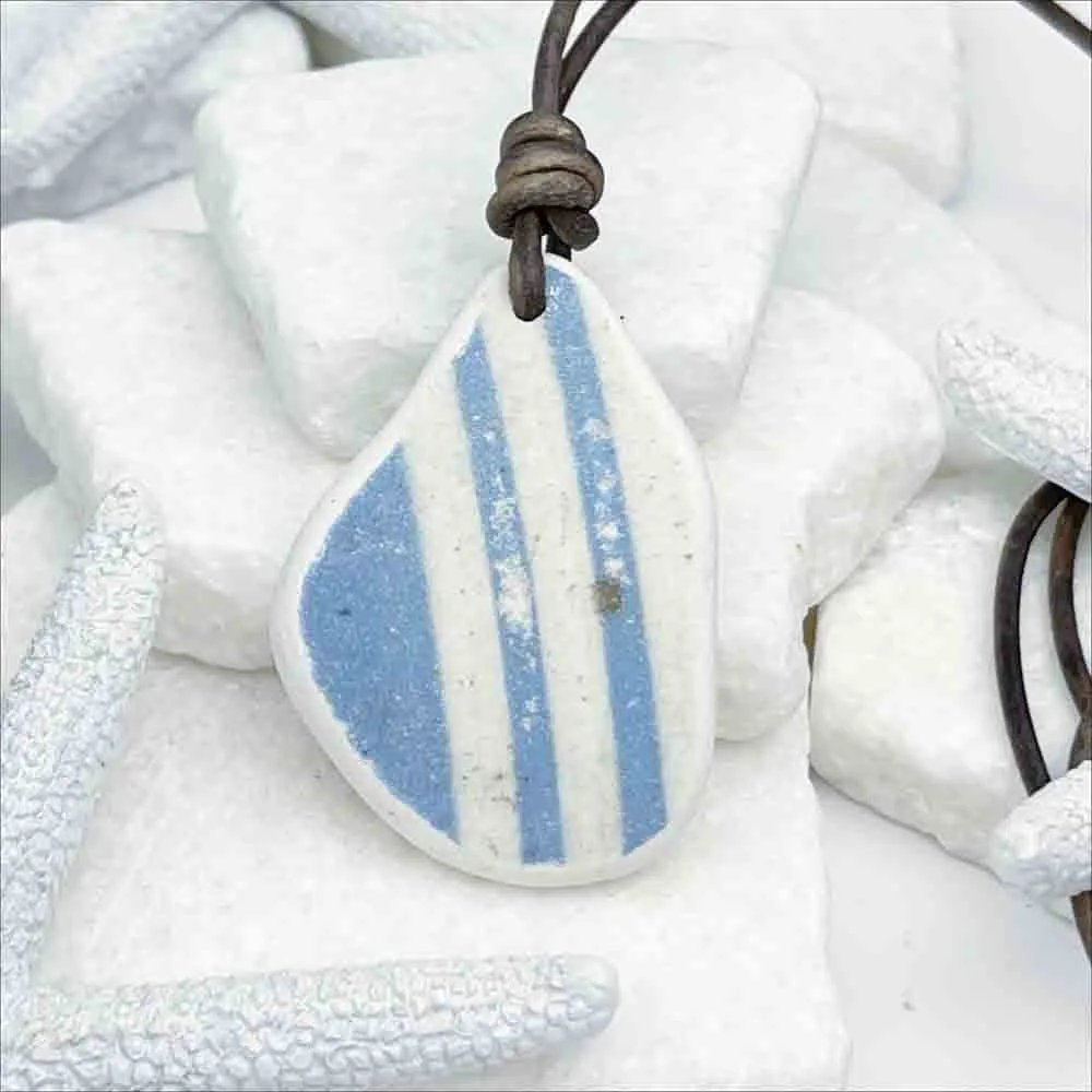 Sky-Blue Striped Sea Shard Pottery Leather Necklace | #5091