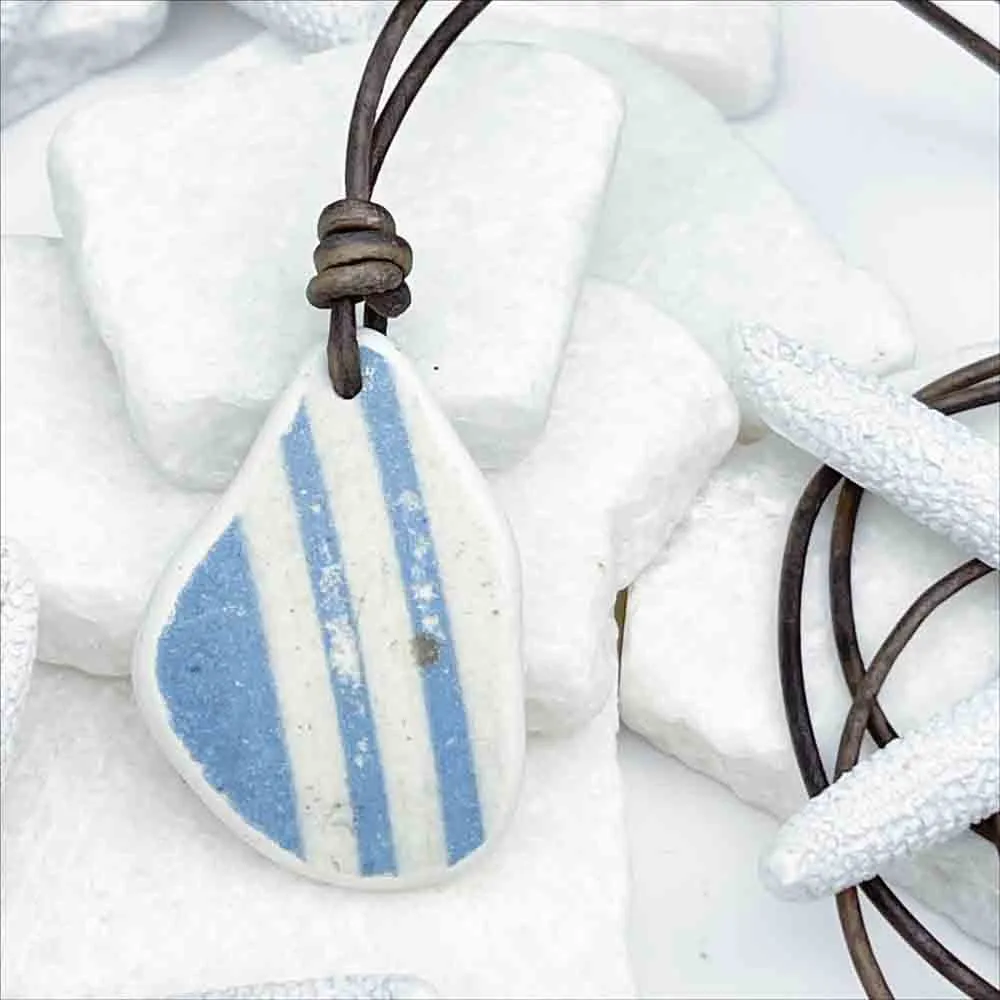 Sky-Blue Striped Sea Shard Pottery Leather Necklace | #5091