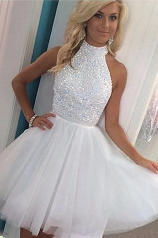 Sleeveless High Neck Short White Appliqued Beaded Tulle Homecoming Dresses