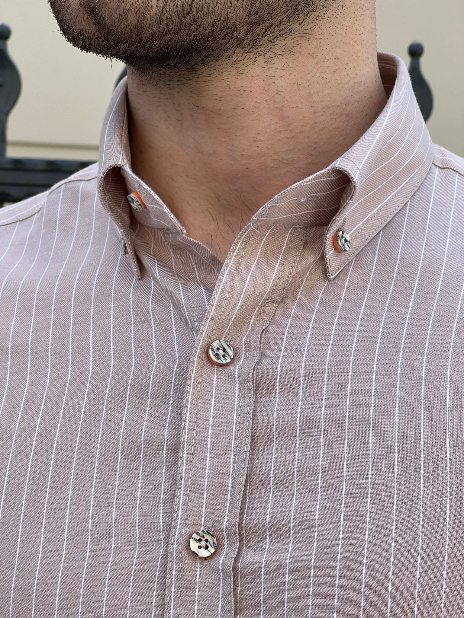 Slim Fit Striped Cotton Beige Shirt