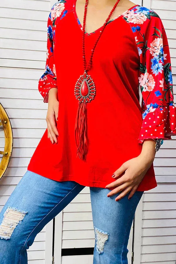 S,M * Red Blouse with Floral Bell Sleeves