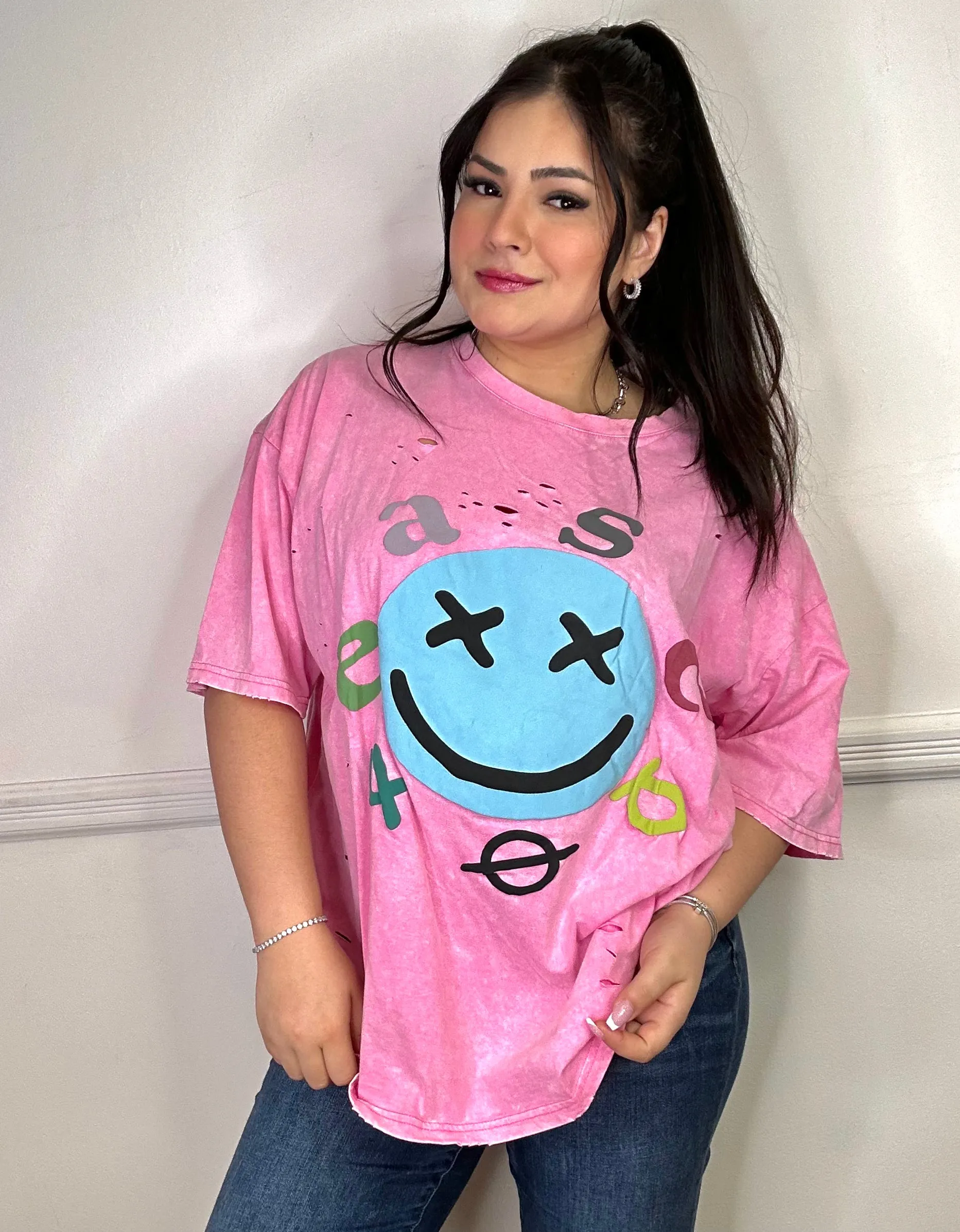 Smiley Face Distressed Washed Top