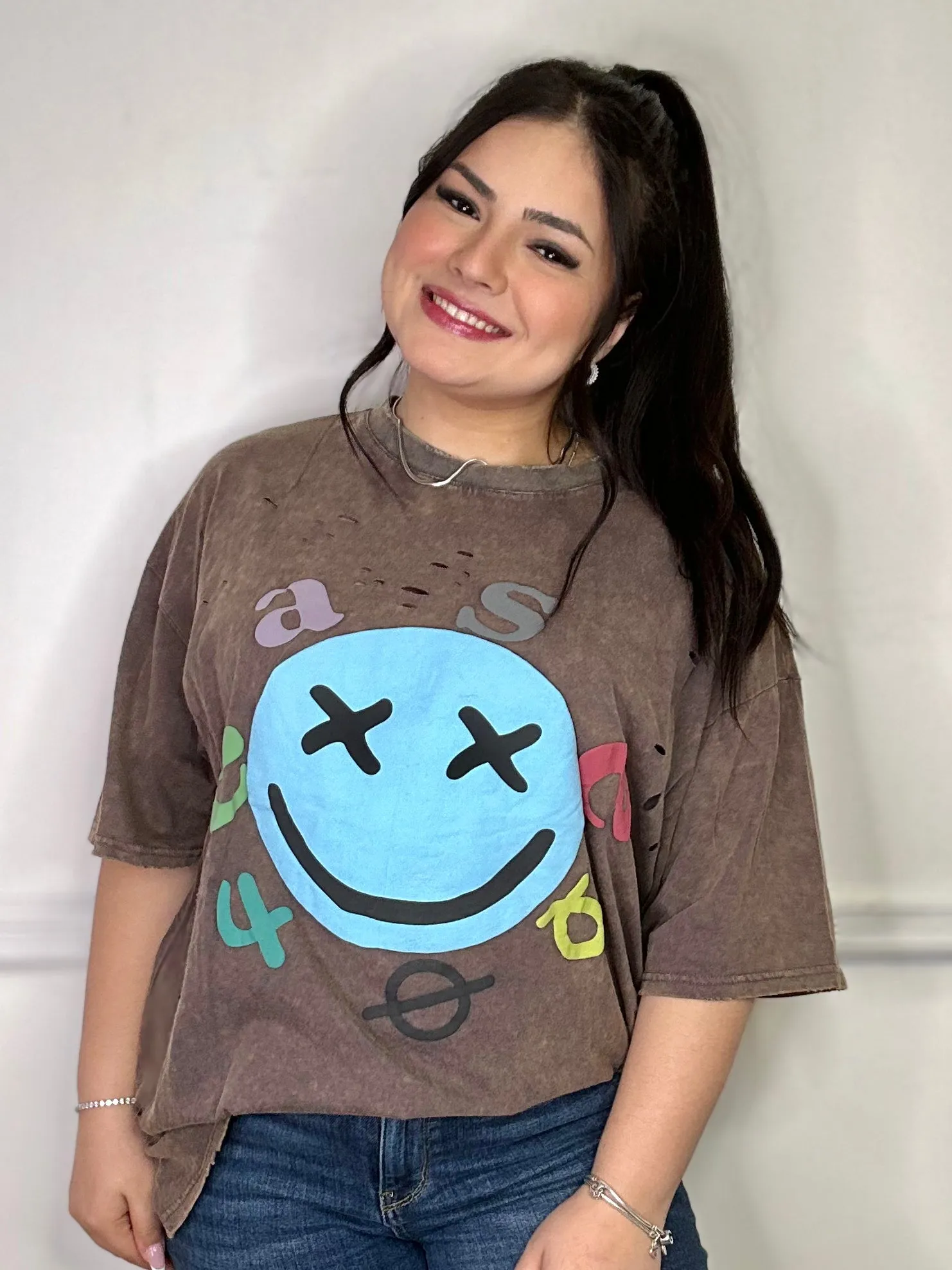 Smiley Face Distressed Washed Top