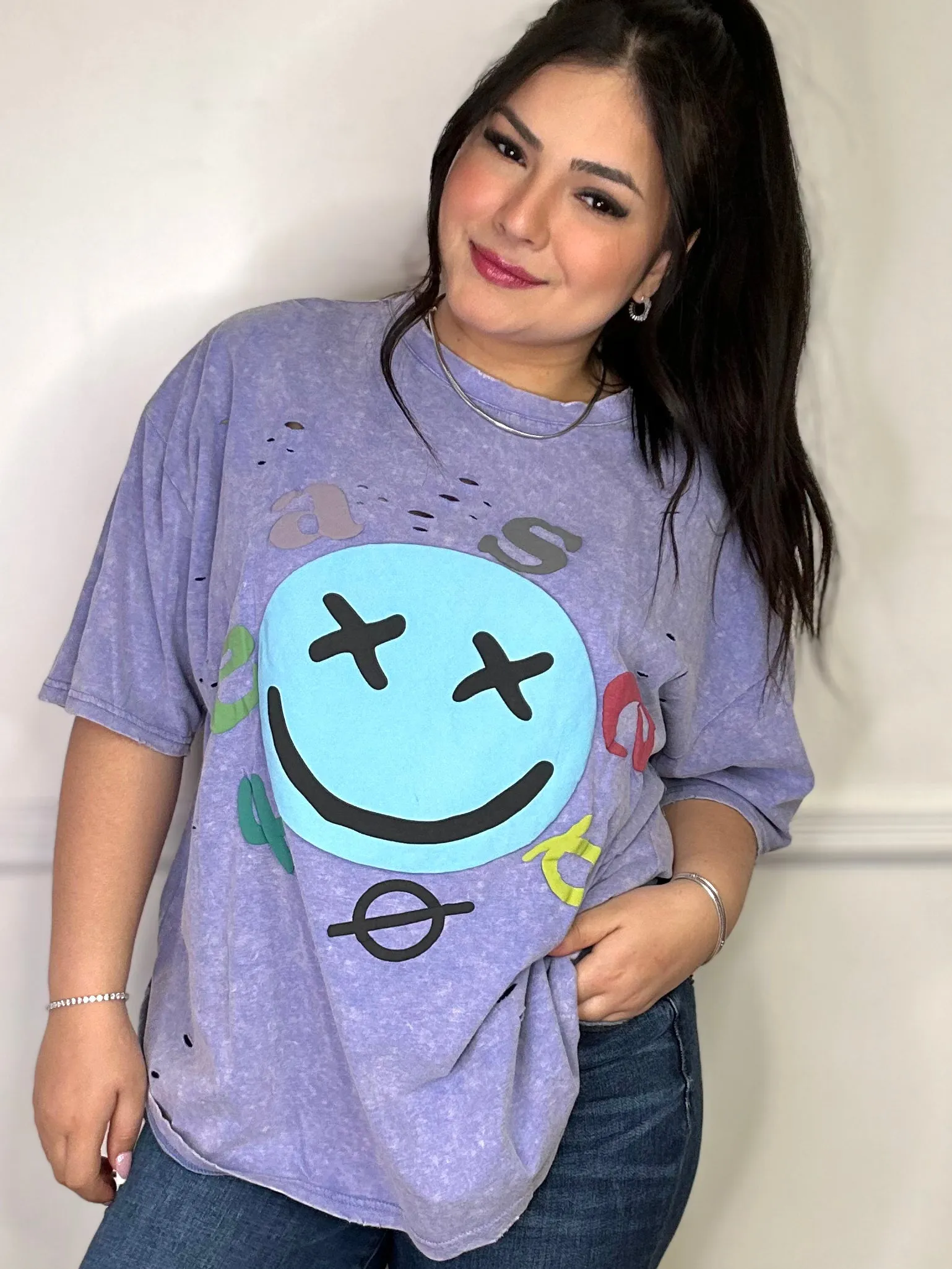 Smiley Face Distressed Washed Top