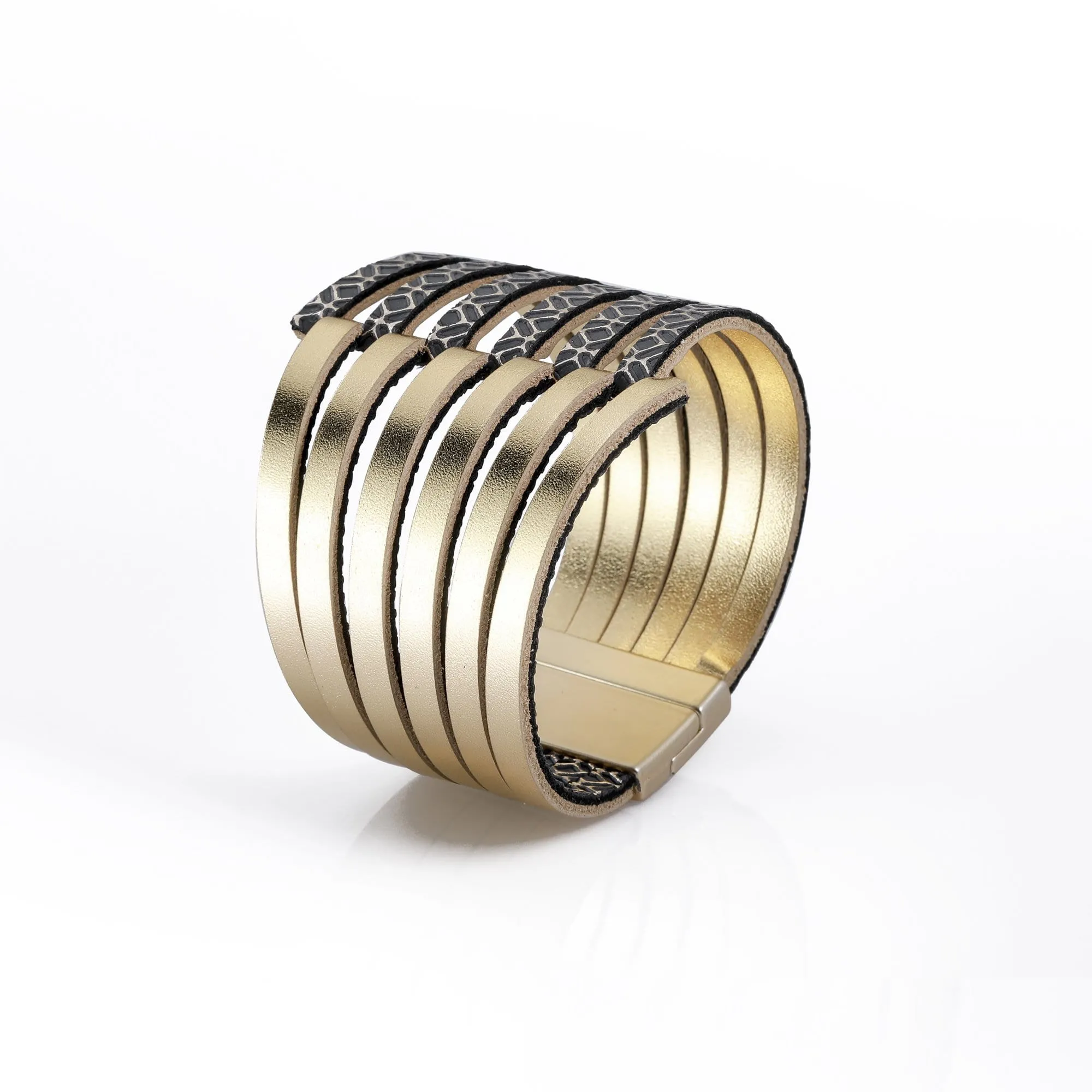 Stripes gold leather statement bracelet