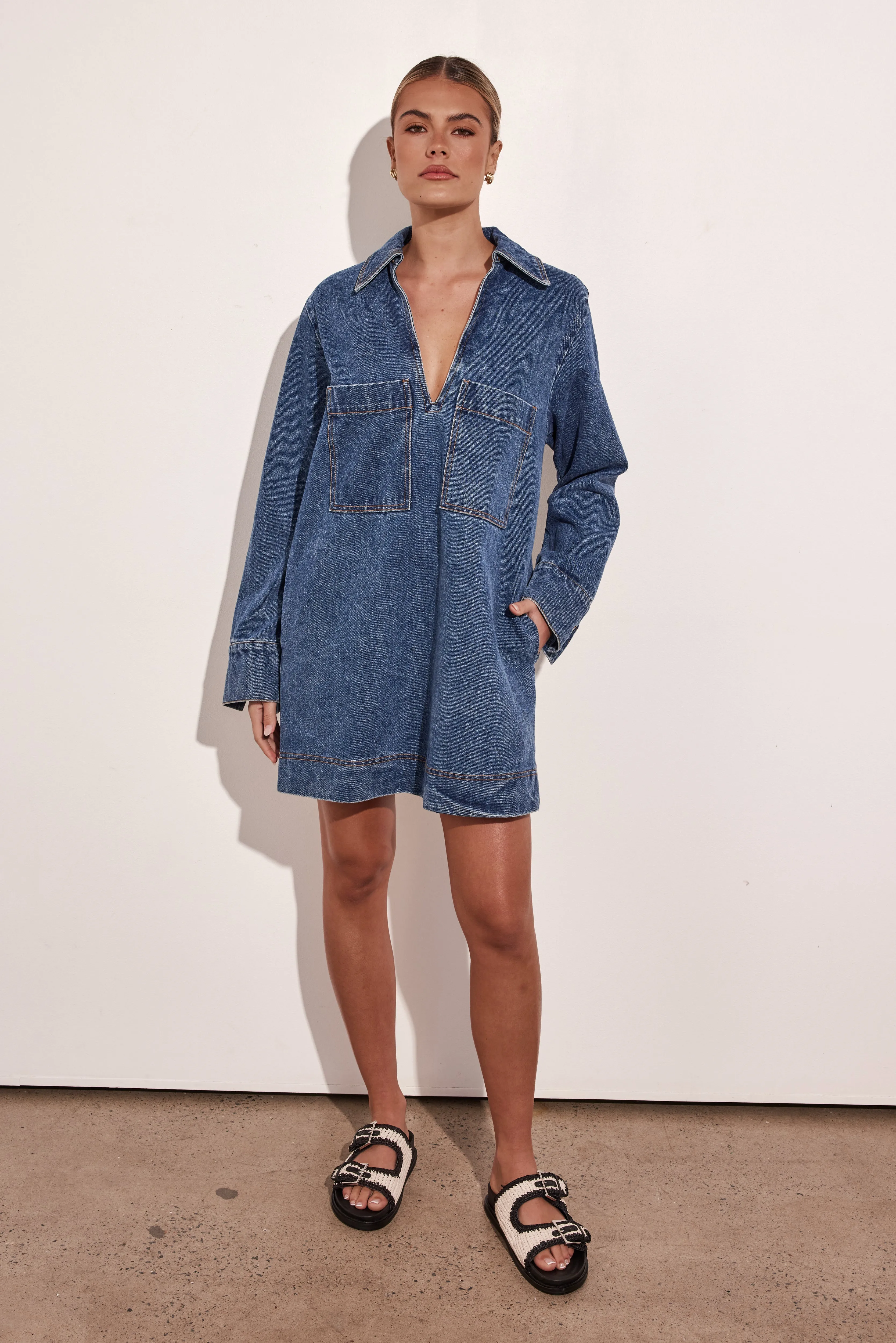 Tara Mini Long-Sleeve Dress (Denim)