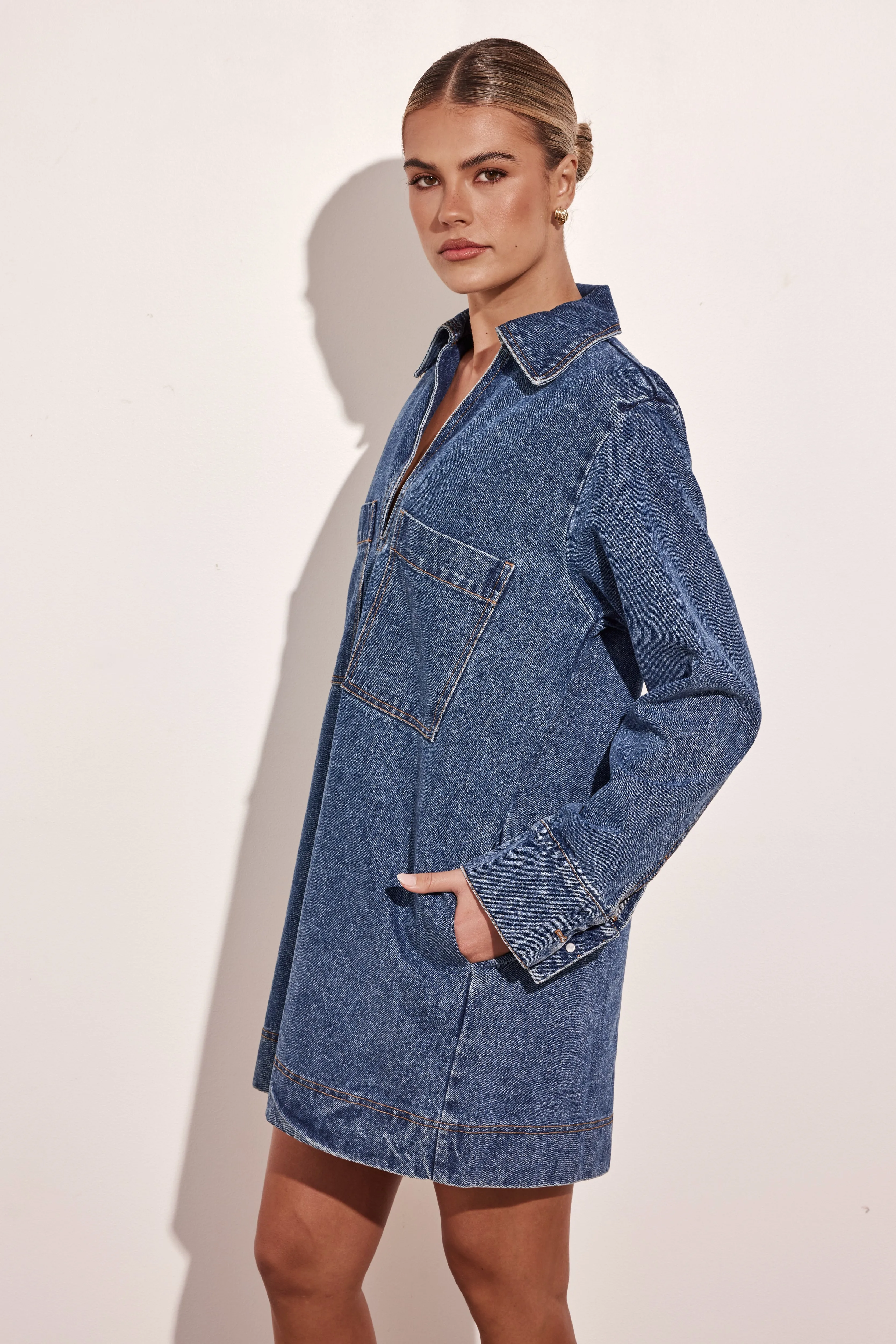 Tara Mini Long-Sleeve Dress (Denim)