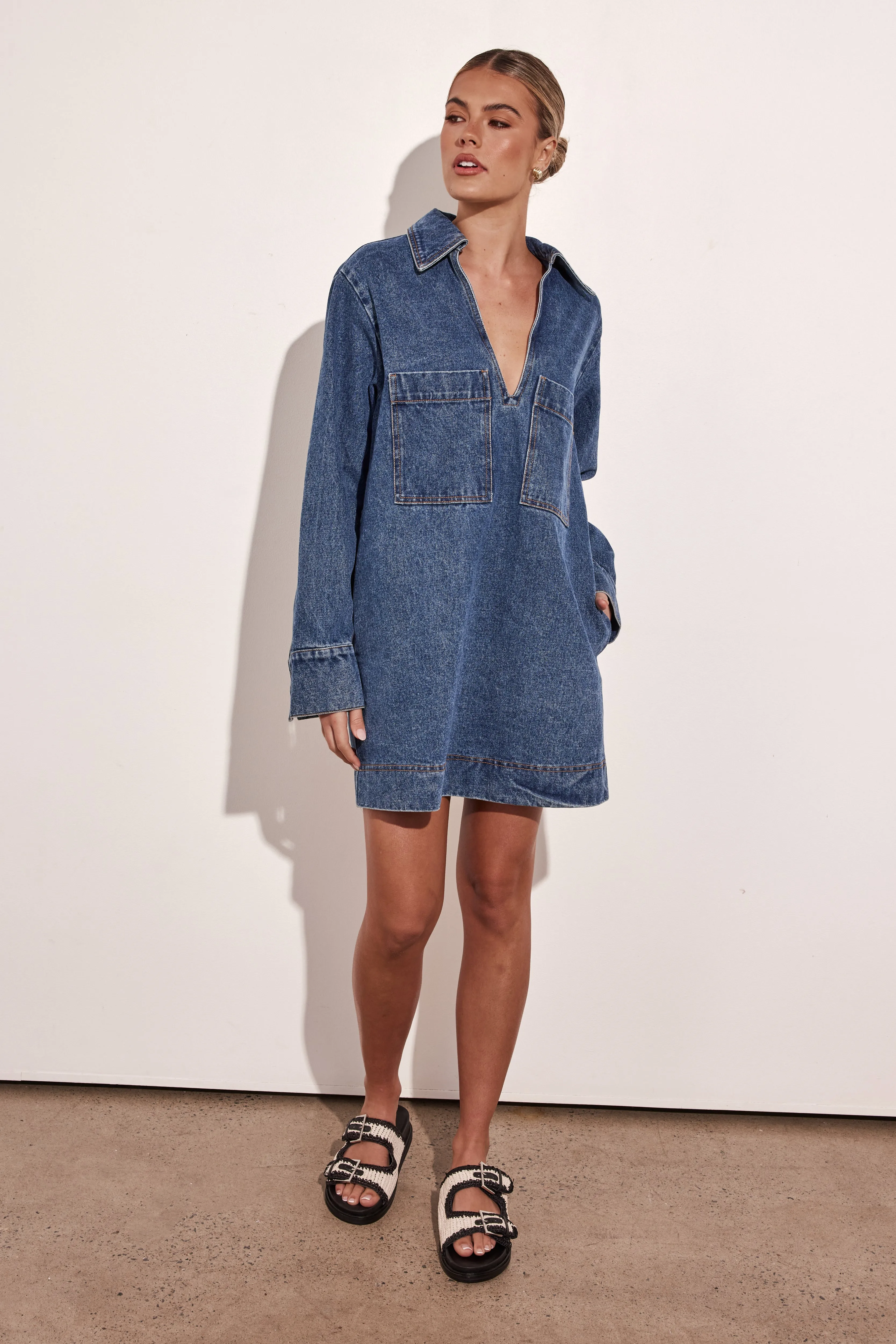 Tara Mini Long-Sleeve Dress (Denim)