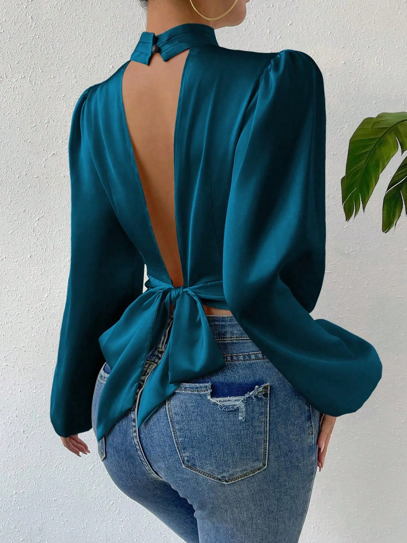 Tie Backless Lantern Sleeve Crop Blouse