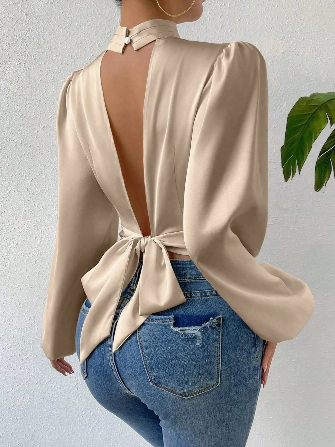 Tie Backless Lantern Sleeve Crop Blouse