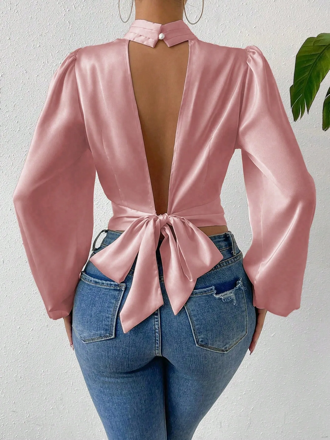 Tie Backless Lantern Sleeve Crop Blouse