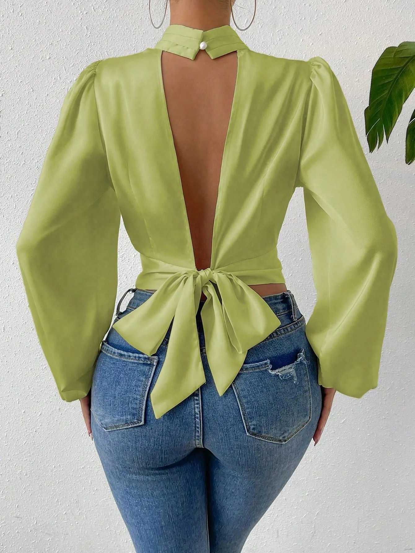 Tie Backless Lantern Sleeve Crop Blouse