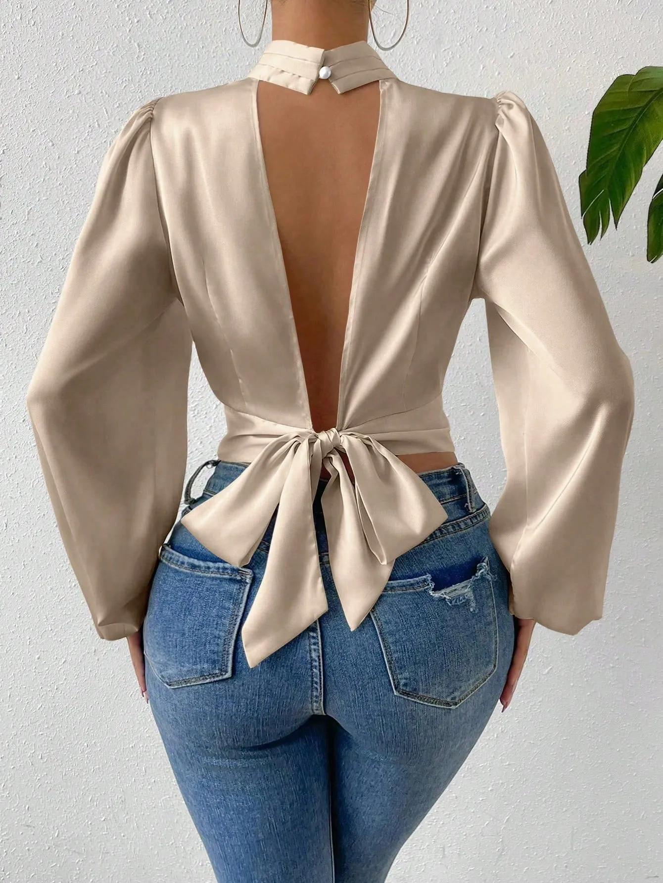 Tie Backless Lantern Sleeve Crop Blouse