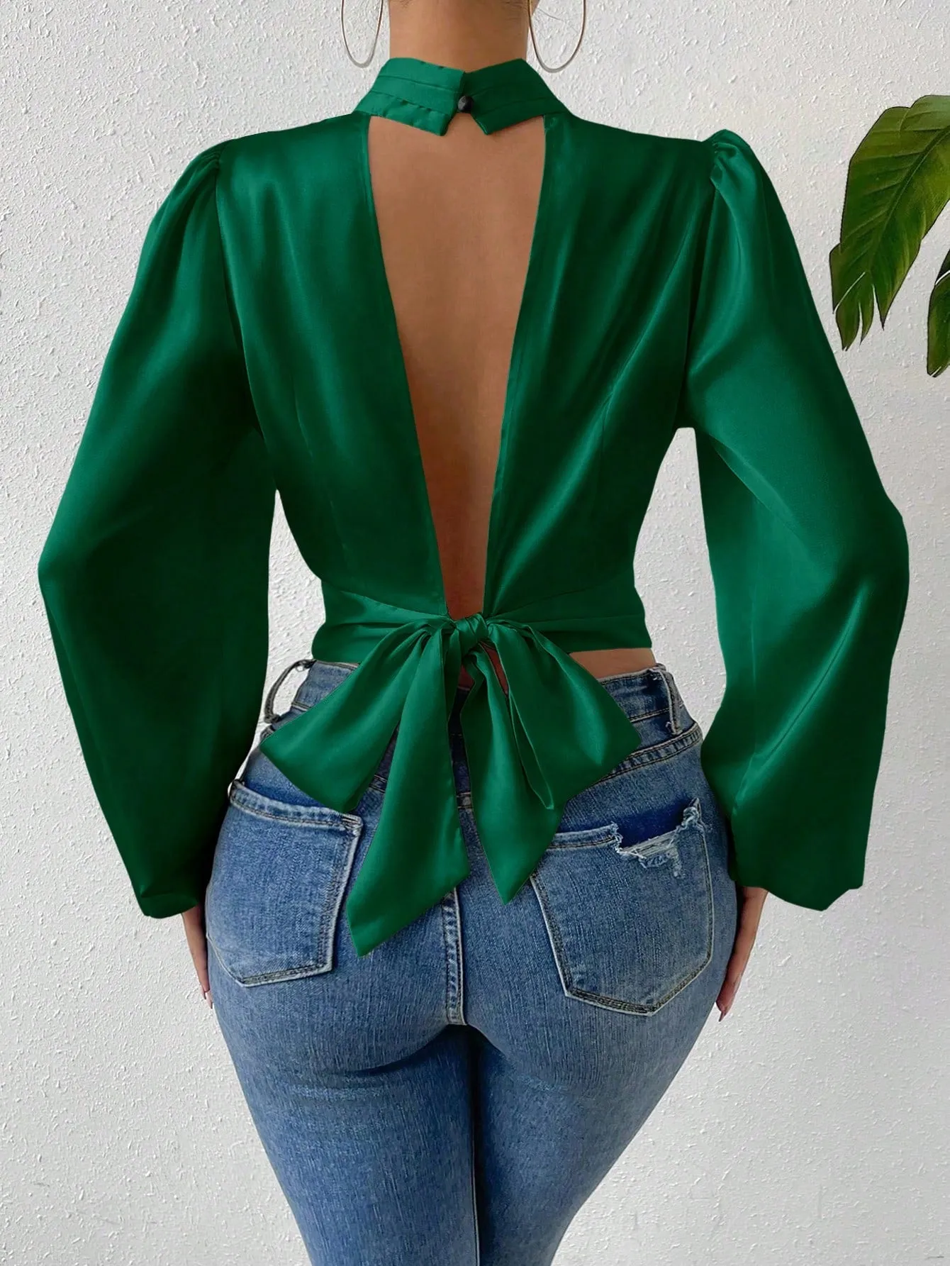 Tie Backless Lantern Sleeve Crop Blouse