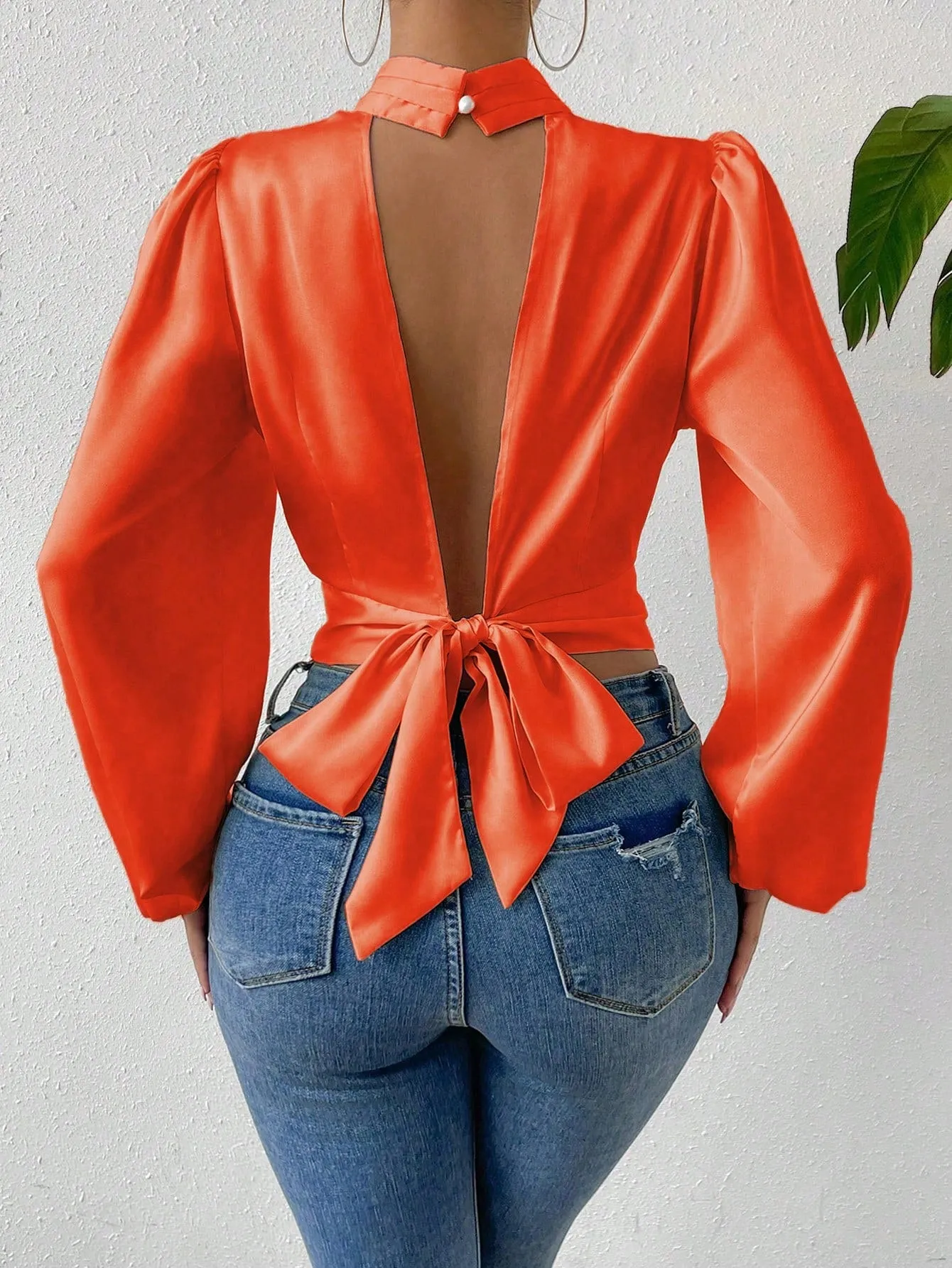 Tie Backless Lantern Sleeve Crop Blouse