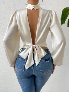 Tie Backless Lantern Sleeve Crop Blouse