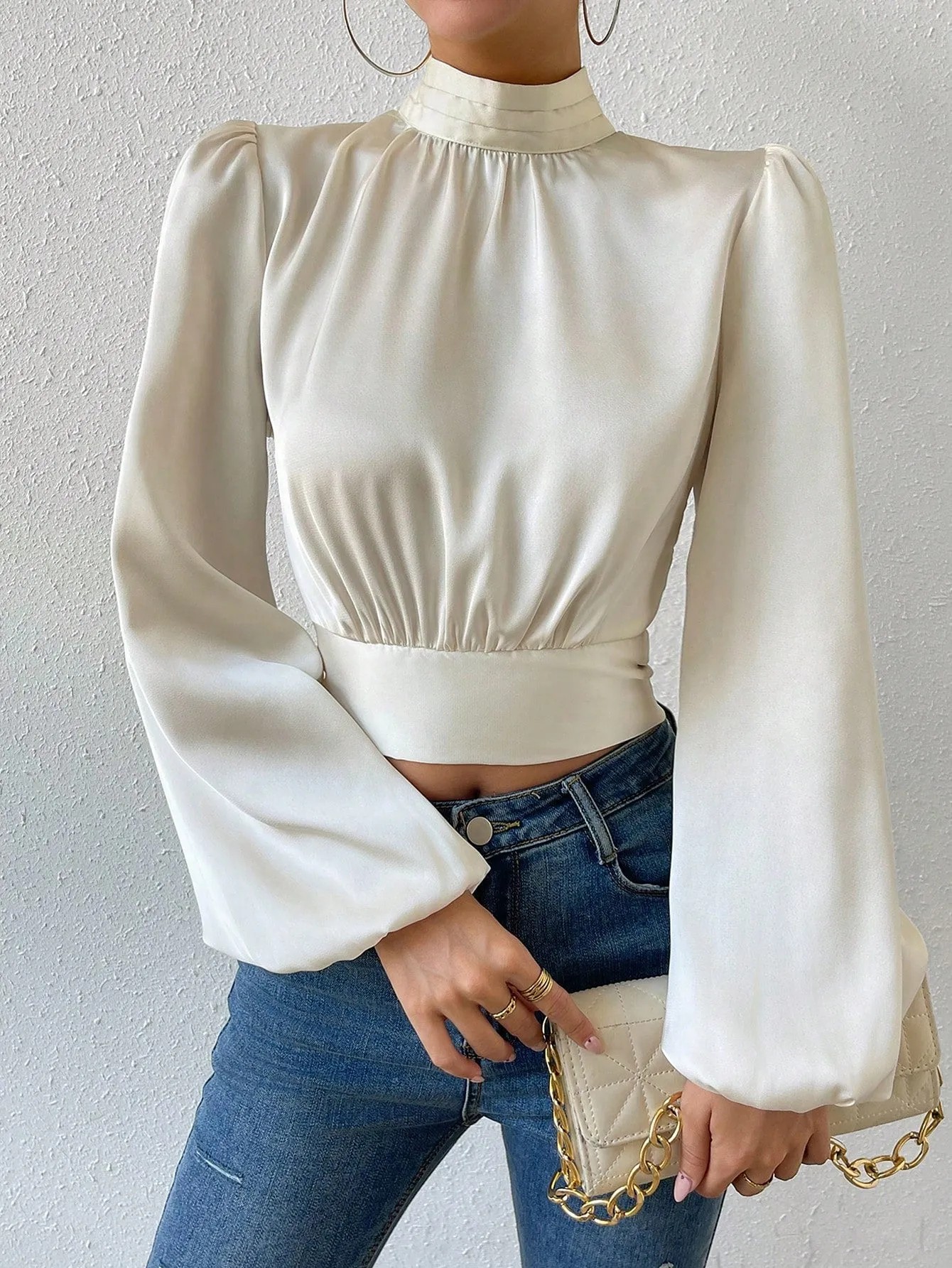 Tie Backless Lantern Sleeve Crop Blouse