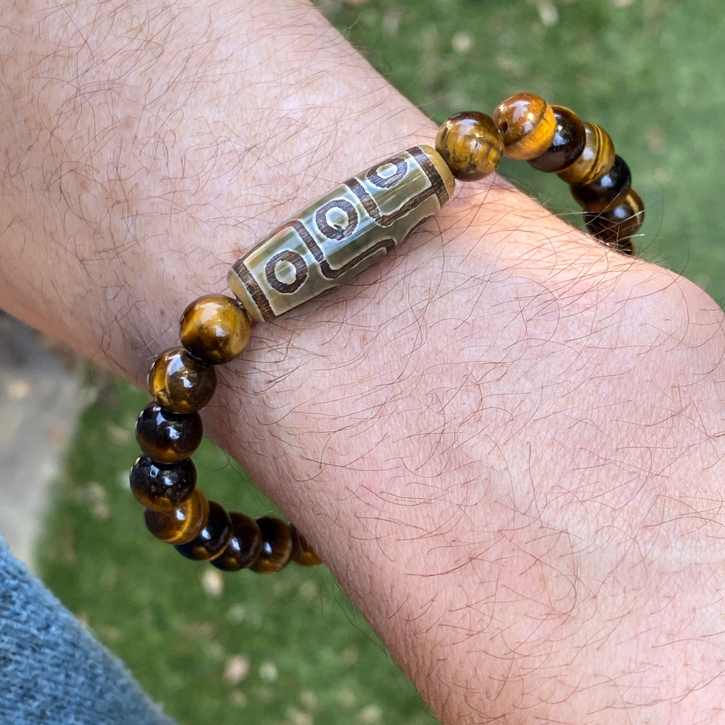 Tiger’s Eye and Tibetan Agate gemstone Beaded Stretch Bracelet