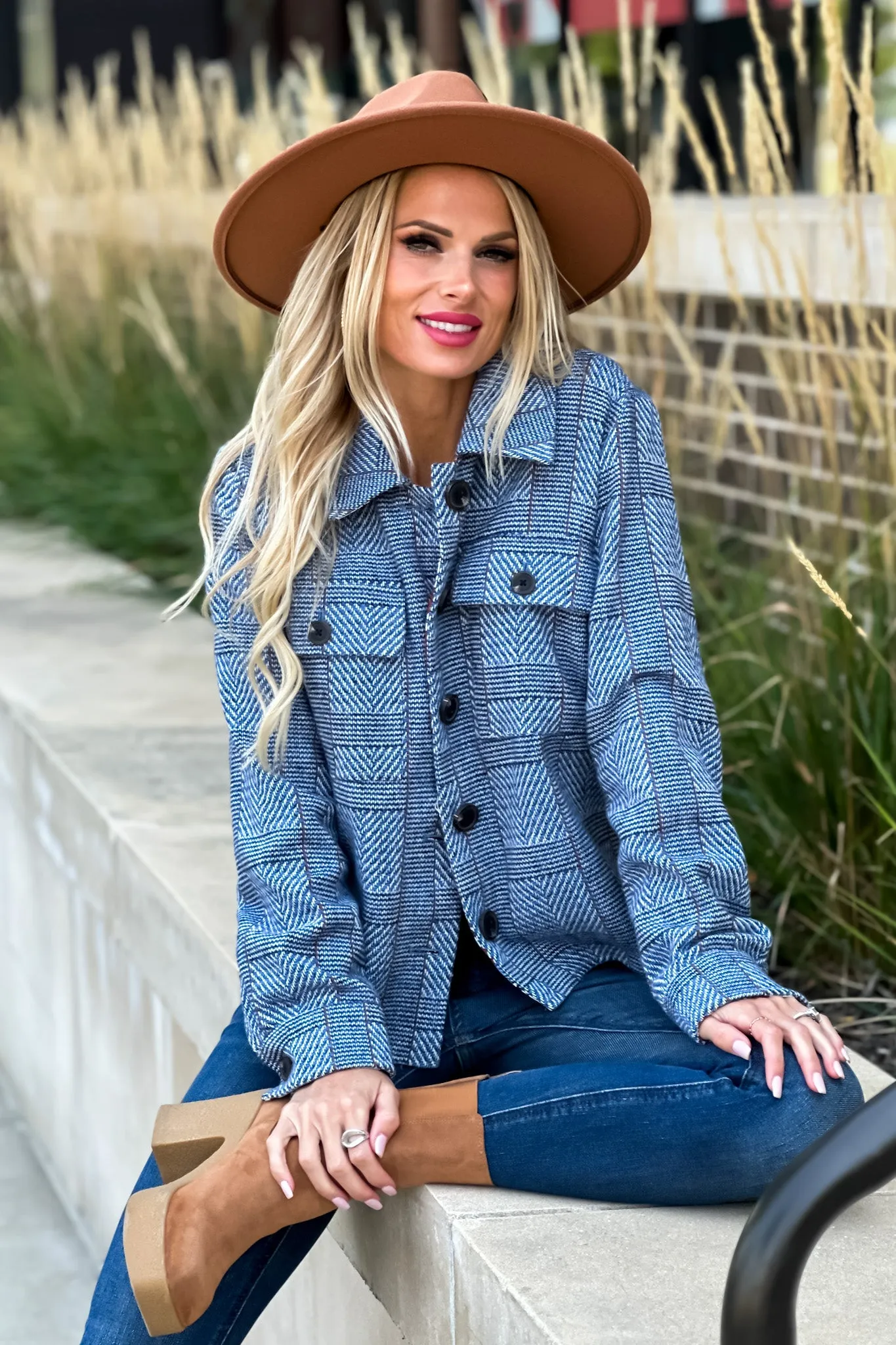 Tribal Blue Lake Cropped Plaid Jacket : Blue