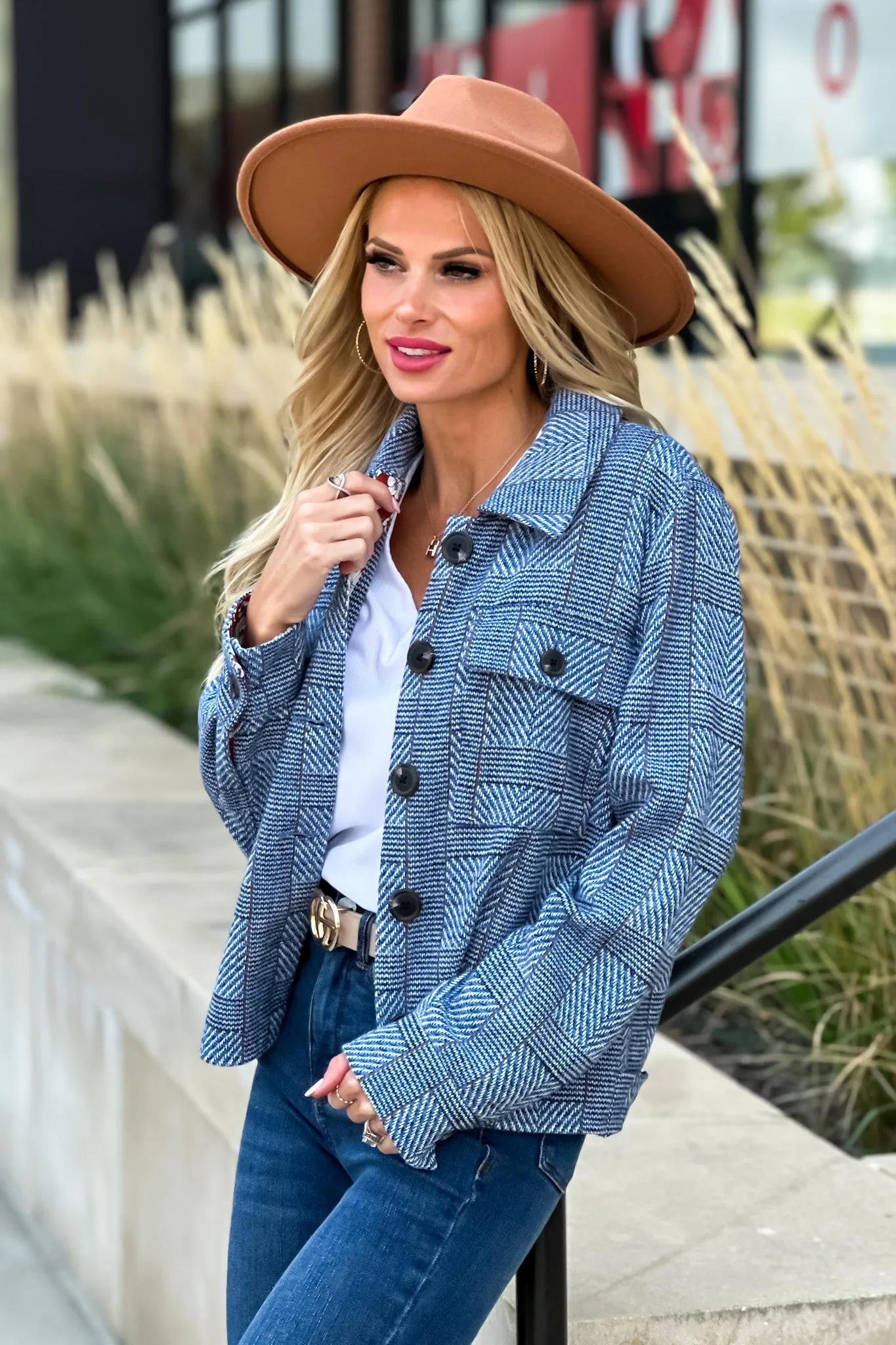 Tribal Blue Lake Cropped Plaid Jacket : Blue