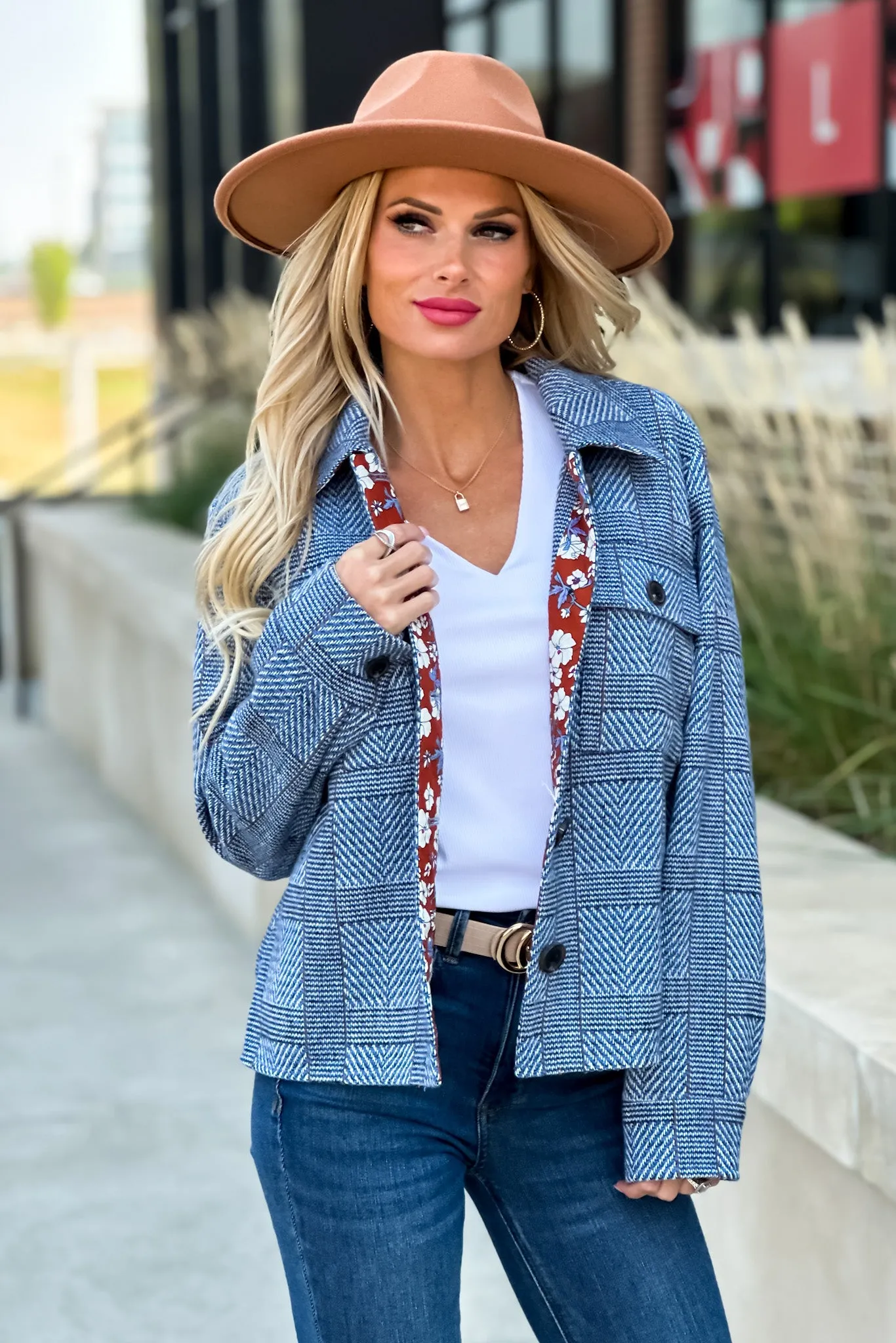 Tribal Blue Lake Cropped Plaid Jacket : Blue