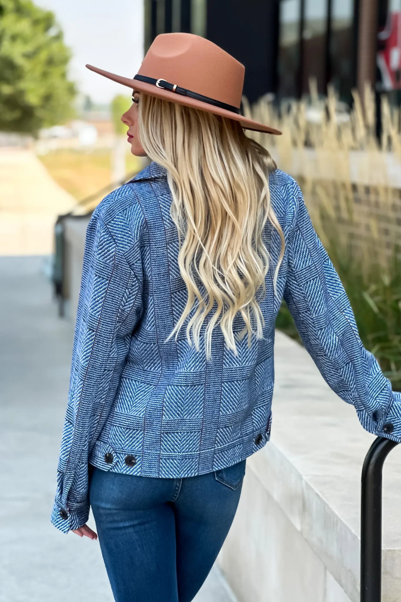 Tribal Blue Lake Cropped Plaid Jacket : Blue