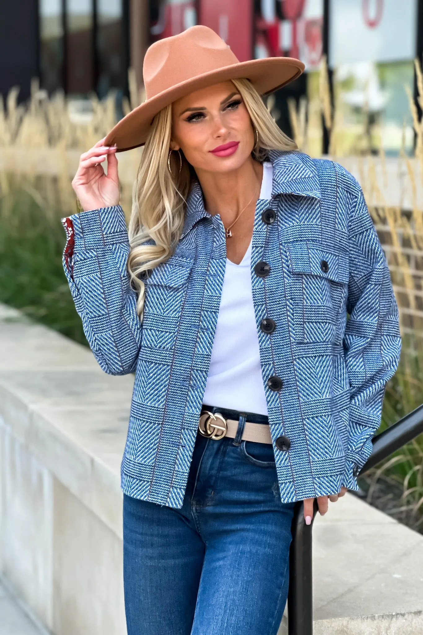 Tribal Blue Lake Cropped Plaid Jacket : Blue