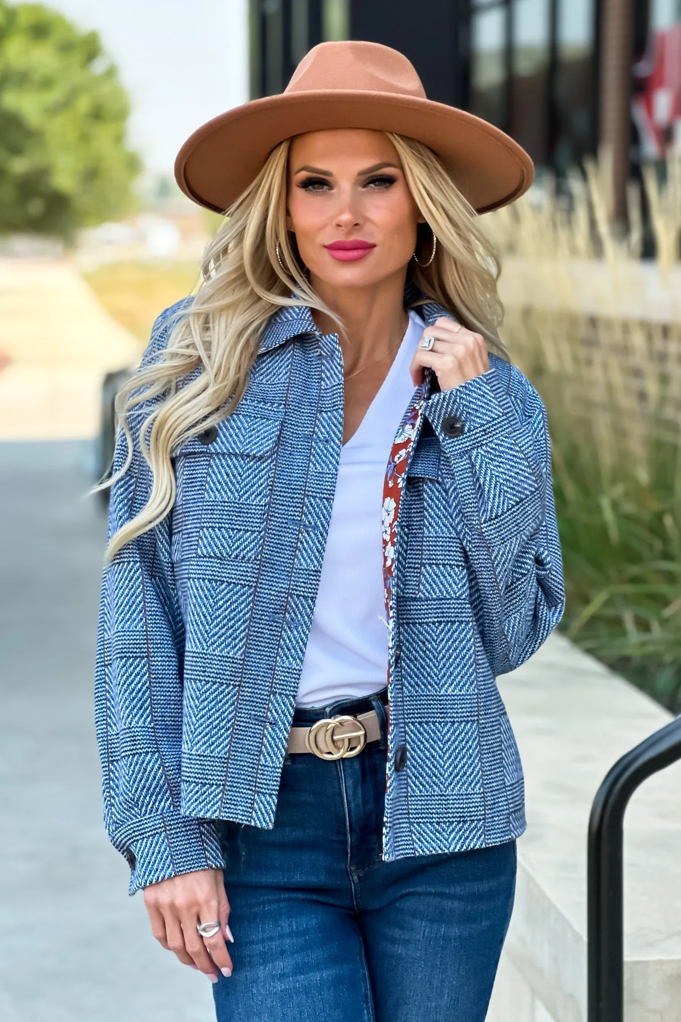 Tribal Blue Lake Cropped Plaid Jacket : Blue