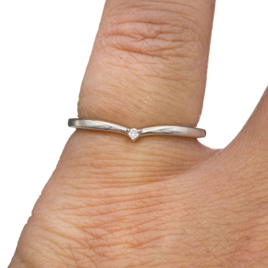 Vani Band - Tiny Diamond V-Shape Contoured Sterling Silver Stacking Wedding Ring, Ready to Ship