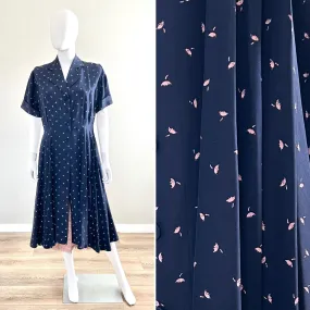 Vintage 1950s Navy Blue Floral Shirt Dress / 50s retro day dress / Size M L