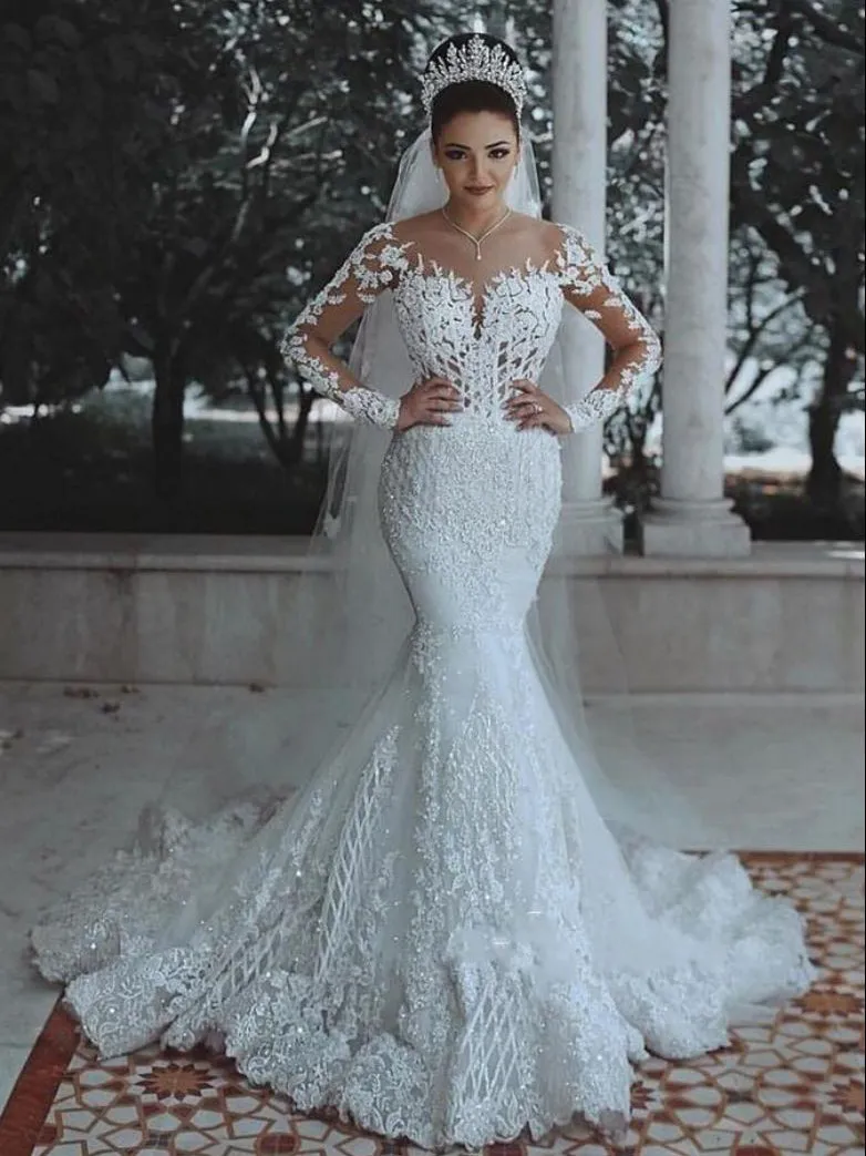 Vintage Long Sleeve Wedding Dress Ivory Mermaid Bridal Dress FR002