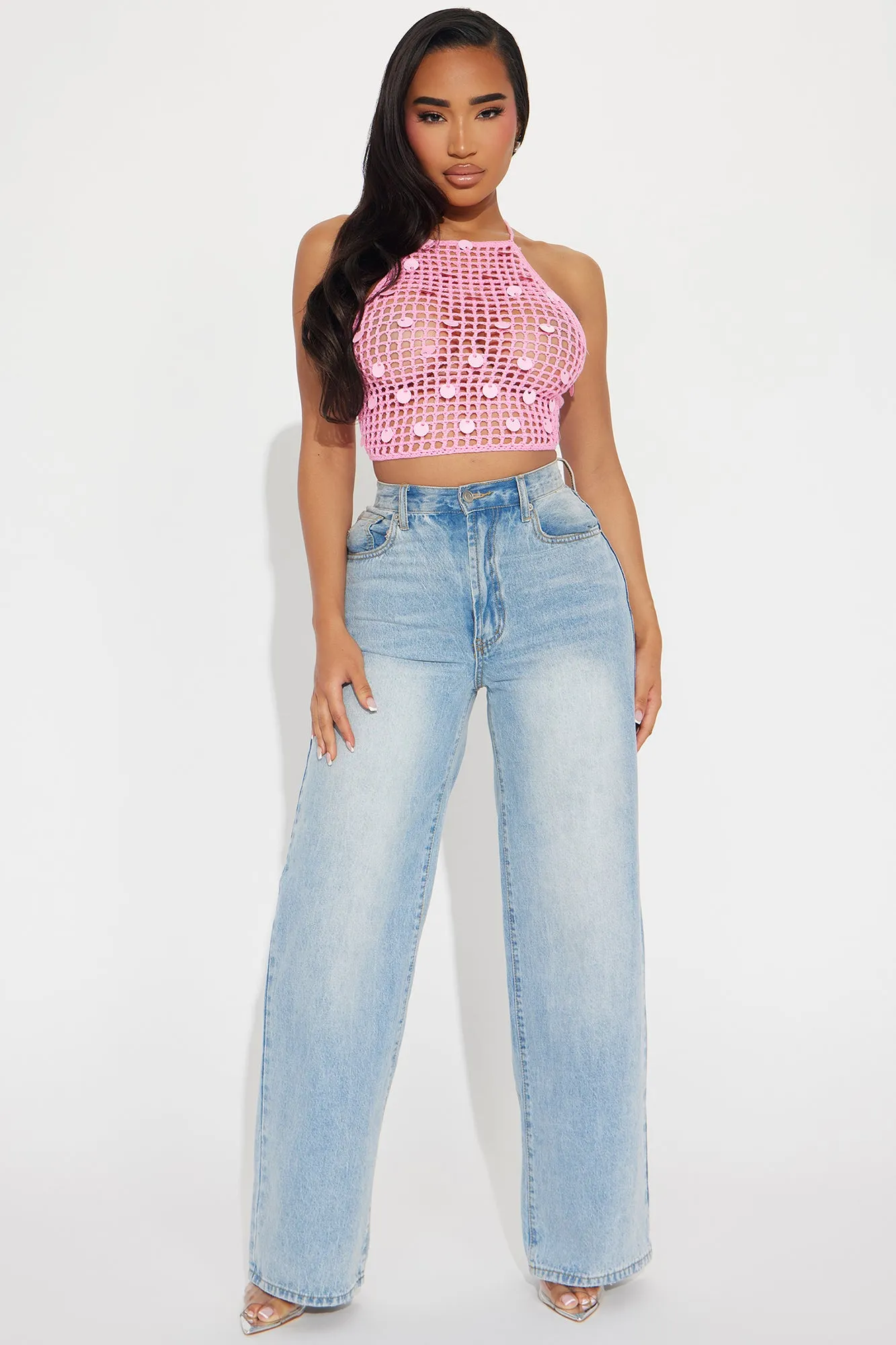 Weekend Vibe Sequin Crochet Top - Pink