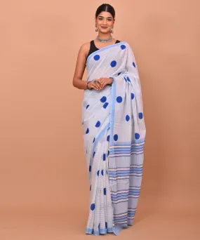 White indigo hand printed bagru cotton saree