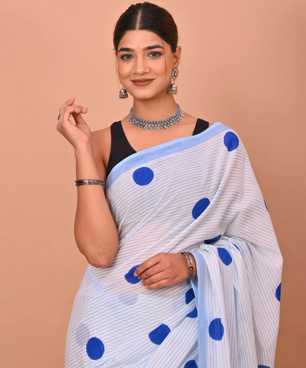 White indigo hand printed bagru cotton saree